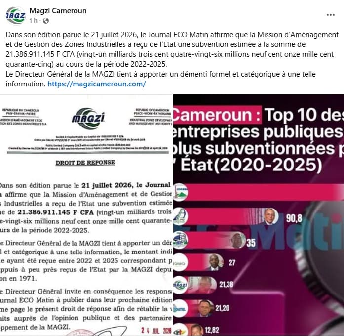 Poste de la MAGZI sur sa page Facebook associé à don droit de réponse, reprenant le graphique d'EcoMatin