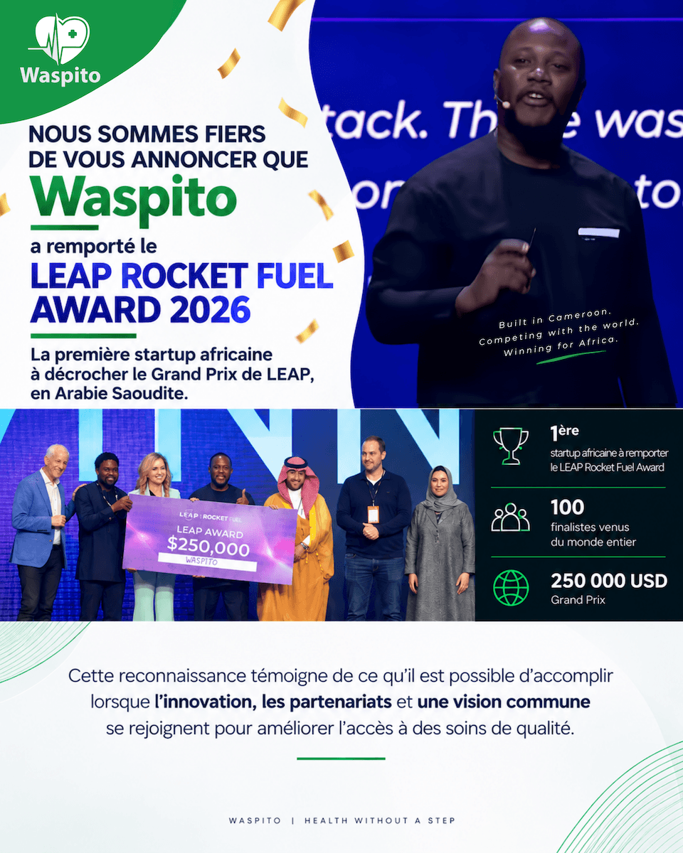 Visuel publicitaire et d'annonce d'une startup présentant la victoire de Waspito au LEAP Rocket Fuel Award 2026. L'image contient le portrait du fondateur Jean Lobé Lobé, une photo de la remise de prix, ainsi que des chiffres clés : 1ère startup africaine gagnante, 100 finalistes mondiaux et un Grand Prix de 250 000 USD.