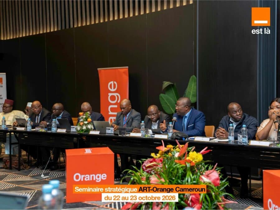 L'image présente une vue élargie de la longue table de réunion où prennent place de nombreux délégués et experts. Des ordinateurs portables, des documents de travail et des banderoles aux couleurs d'Orange habillent l'espace, témoignant de l'importance de cette concertation institutionnelle.