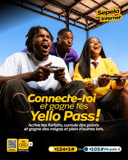 Visuel publicitaire montrant trois jeunes jouant aux jeux vidéo avec manettes en main, arborant les couleurs de MTN. L'affiche met en avant l'offre « Connecte-toi et gagne tes Yello Pass! » avec les codes USSD *154*3# et *105#.